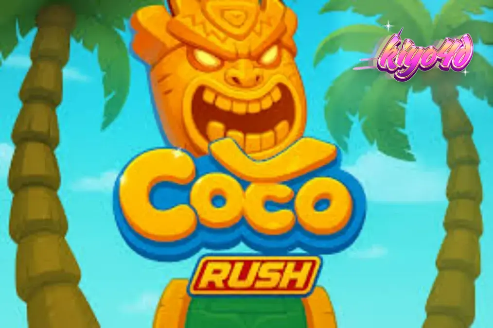 Pemandangan pulau tropis yang cerah dengan simbol-simbol slot bertema harta karun di layar permainan Coco Rush.
